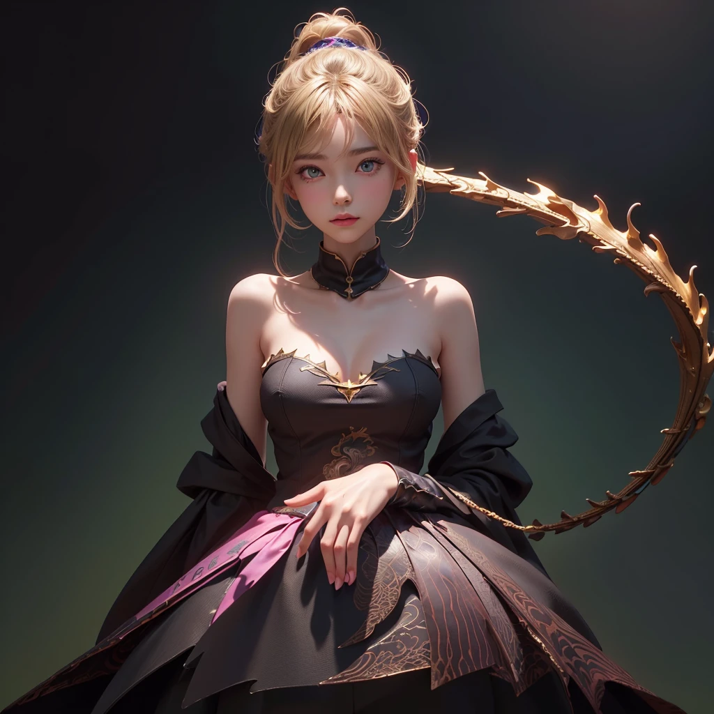 Polychrome,, night, dark, blonde, Show Viewer, In-person audience, Limited Edition Palette, Dragon Background, Shine,(Highly detailed CG Unity 8k wallpaper),(masterpiece), (Highest quality), (Vaporwave Style), (Super detailed), (Best illustrations),(Best Shadow),Perfect lighting , Perfect Anatomy , Vibrant colors、