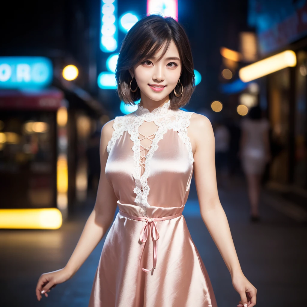 8k, masterpiece, raw photo, Best Quality, photorealistic, extremely detailed CG unity 8k wallpaper, depth of field, cinematic light, Lens flare, ray tracing, (extremely beautiful face, Beautiful lips, pretty eyes), face with intricate details, ((ultra detailed skin)) 1 girl, In the dark, deep shadow, cute korean girl, kpop idol, 1 girl, (very thin slender fit-muscled body:1.3), ((looking at the viewer)),(big smile:1.3), (Intense pink blouse), (sleeveless) , (Fashion City Night, dark night, (neon sign), (blurred background), Fashion street night),(without people in the background:1.3), Beautiful earrings, wifes, collar, shackles, light eyes, walking, (Pale skin), (large eyes), look forward, ((Upper body shot)), ((silk colored dress:1.3)),(brown hairs),((tight fitting lace-up dress)), (lace-up dress), (see through), (looking at the viewer:1.3) open chest, very thin, medium breasts, see through, medium butts, (camel toe)