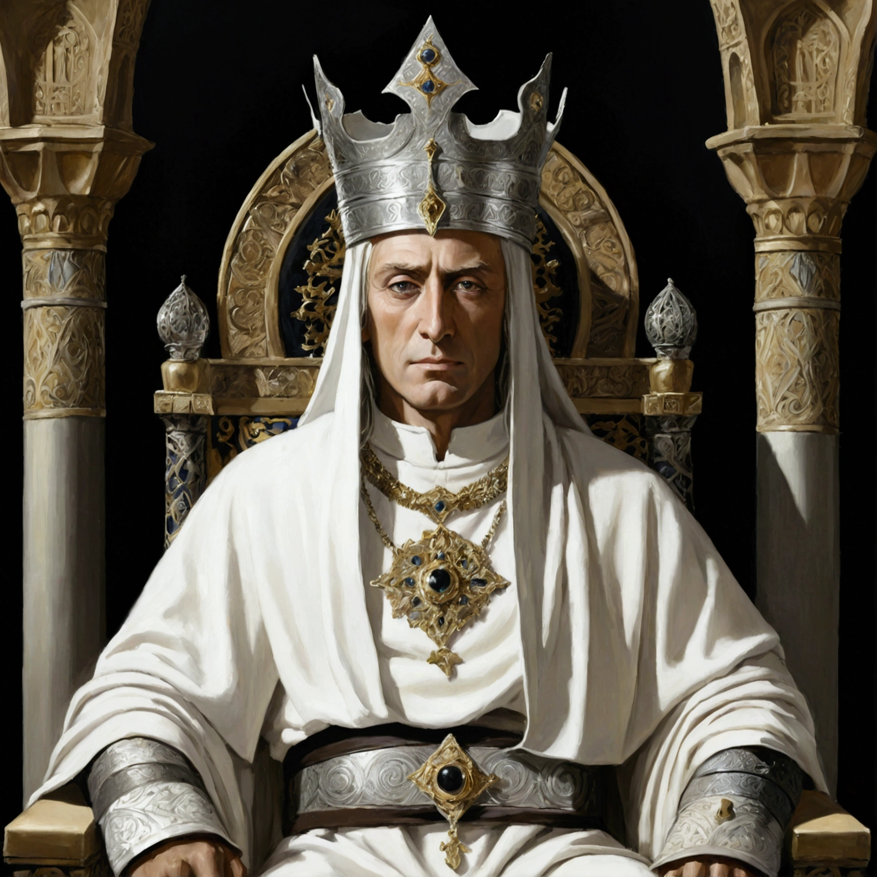 {
  "prompt": "A painting of Baldwin IV, the leper king of Jerusalem, sitting on a throne with a black background. He wears the specific silver mask from the provided image, with realistic eye openings showing his eyes. Baldwin is dressed in a long, ornate white tunic with a decorative belt and a white headdress that drapes over his shoulders. His left arm is raised, while his right arm rests limp at his side. The throne is grand and detailed, fitting for a king.",
  "size": "1024x1024"
}

