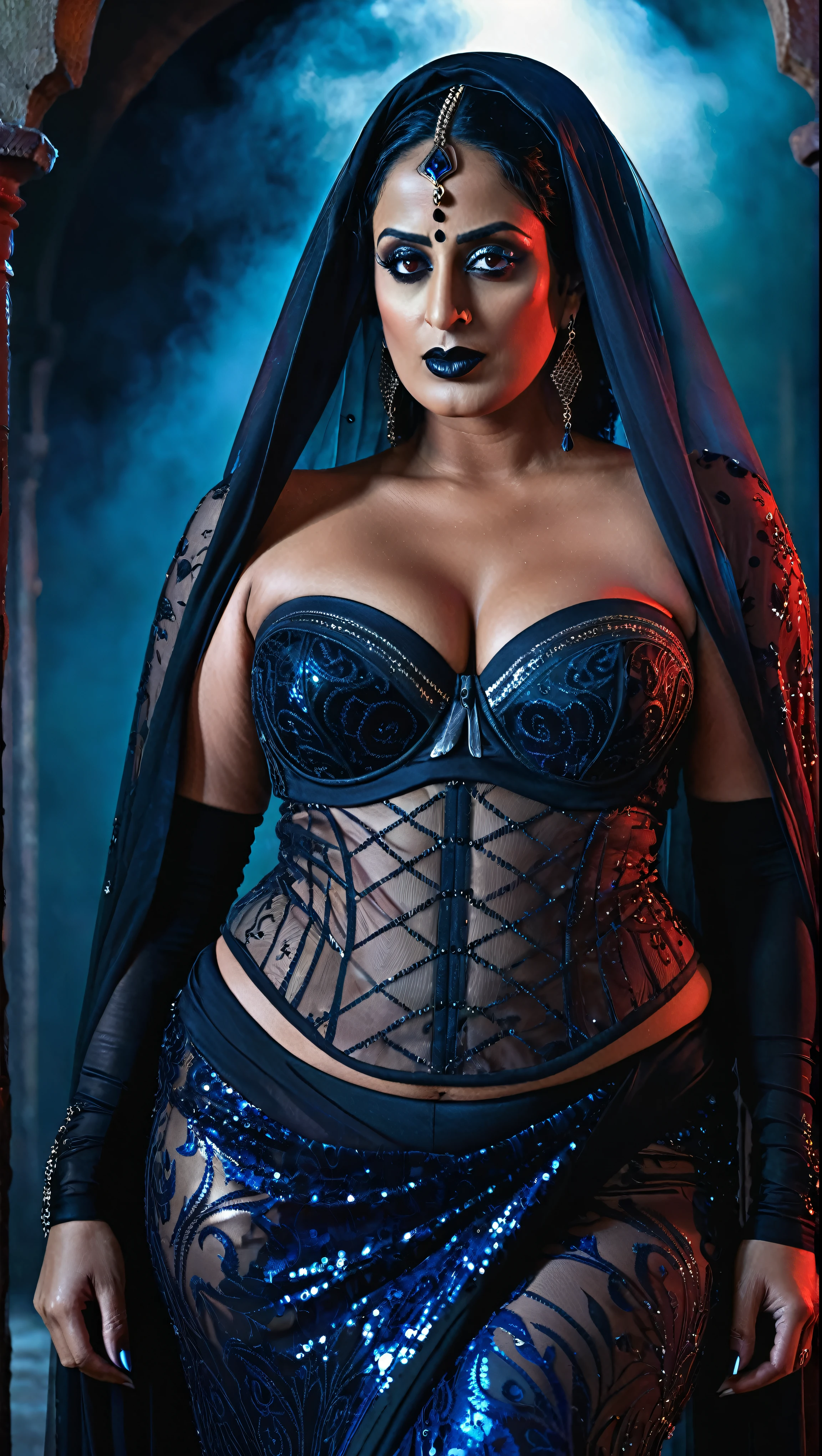 Looks like Mahie Gill, full body Closeup shot, Big chubby aunty, milf, cougar lady witch, fierce eyes, evil seductress, wide body, horny Gothic milf, 60 years old gorgeous mature lady, pervert demoness, demoness of lust, curvy, black lips, horny face, extremely gorgeous, thick figure, heavy physique, voluptuous, curvy, sexy figure, Fashionable portrait of androgynous alien looking witch wearing veil, glowing eyes, futuristic design, minimal details, givenchy, photoreal, 200mm, hd, f/ 2.0, highly detailed, surreal, sexy beautiful evil woman, sexy bold sequin Saree with strapless Bra, chudail, Pishachini, horror genre, blood-thirsty enchantress, powerful female spirit, eerie, drop dead, in the style of red and blue, (intricate details, hyperdetailed:1.15) (skin texture:1.2), dark Moody tone, cinematic lighting, haunted place in background, evil seductress,