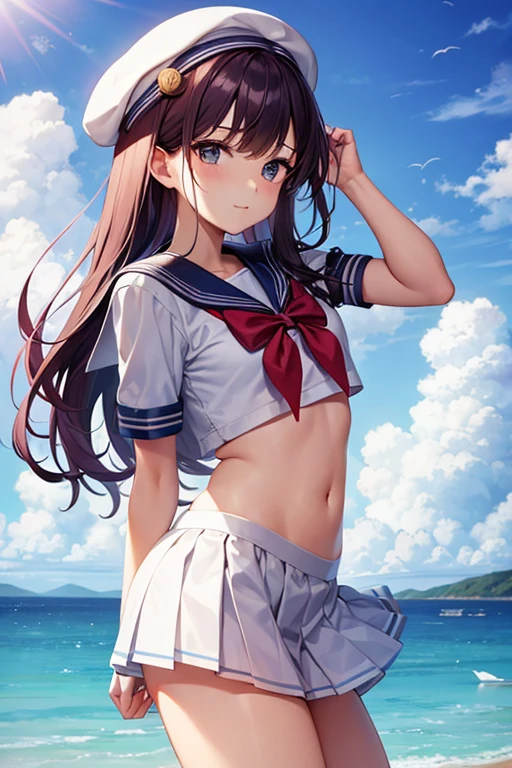 Sailor's white uniform、White hat with gold decoration、Long white hair