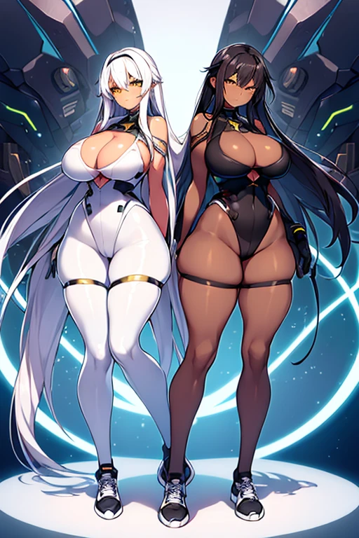 2girls, dark skin, dark-skinned female, white hair, black hair, long hair, yellow eyes, large breasts, breasts, hourglass figure, smug, smirk, smile, bodysuit, pantyhose, pantyhose, shoes, sneakers, futuristic, tech, science-fiction, neon trim, machinery, full body, ((full body))