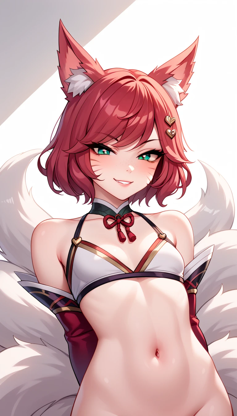 1 Girl, Small Breasts, Green Eyes, Heart Eyes, Deep Red Hair, Short Hair Style, Pale White Skin, Smooth Skin, Face Freckles, Slutty, Sexy, Sassy, Smirking, Tease, Teasing, Teasing, Sexy Pose, Young Girl, Very Small Girl, , Cosplay Ahri From League of Legends,
