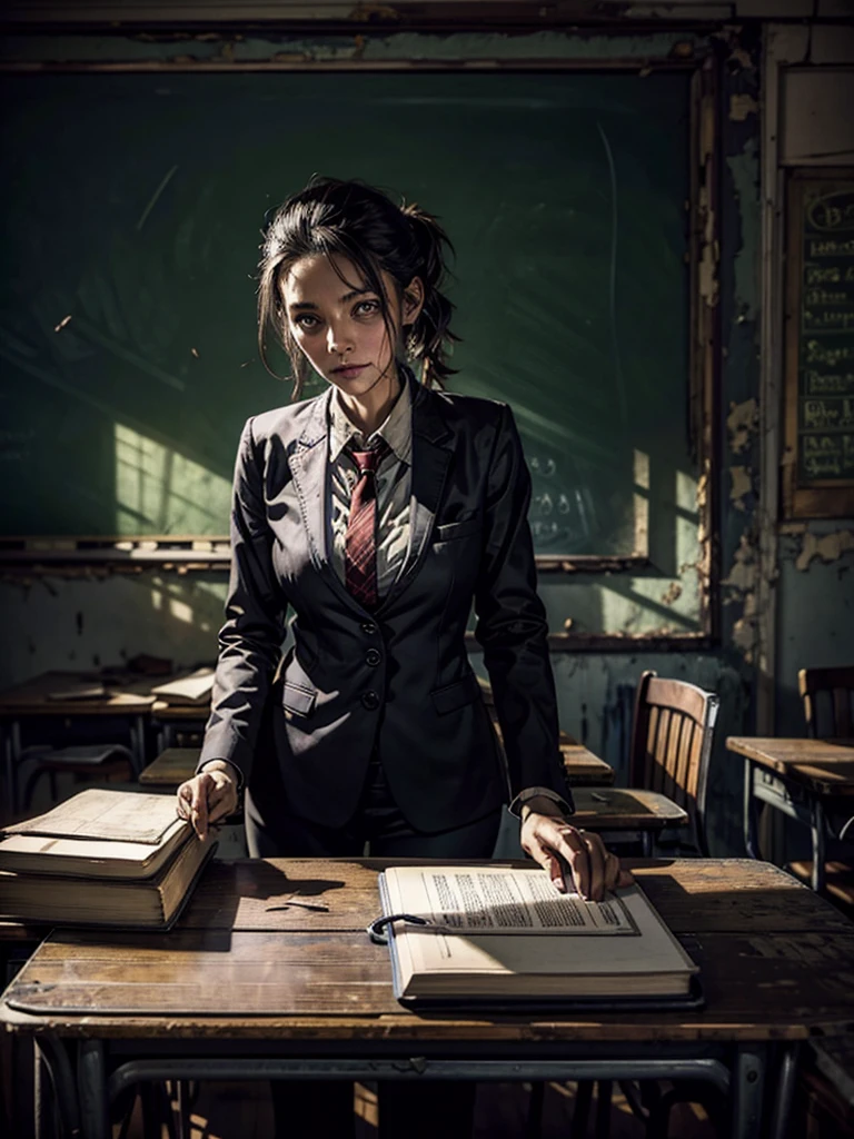 an undead teacher on the desk inside a sinister and dilapidated school, next to her an old damaged blackboard