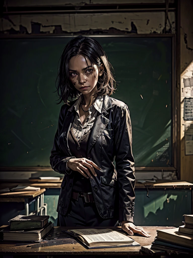 
an undead teacher on the desk inside a sinister and dilapidated school, next to her an old damaged blackboard