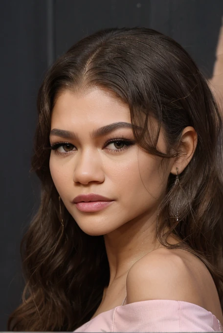 zendaya_v4, sks woman, angelina jolie:0.2, wearing off shoulder crop top, long wavy hair, pink off shoulder crop top, close-up, headshot, face, portrait, wall background,
