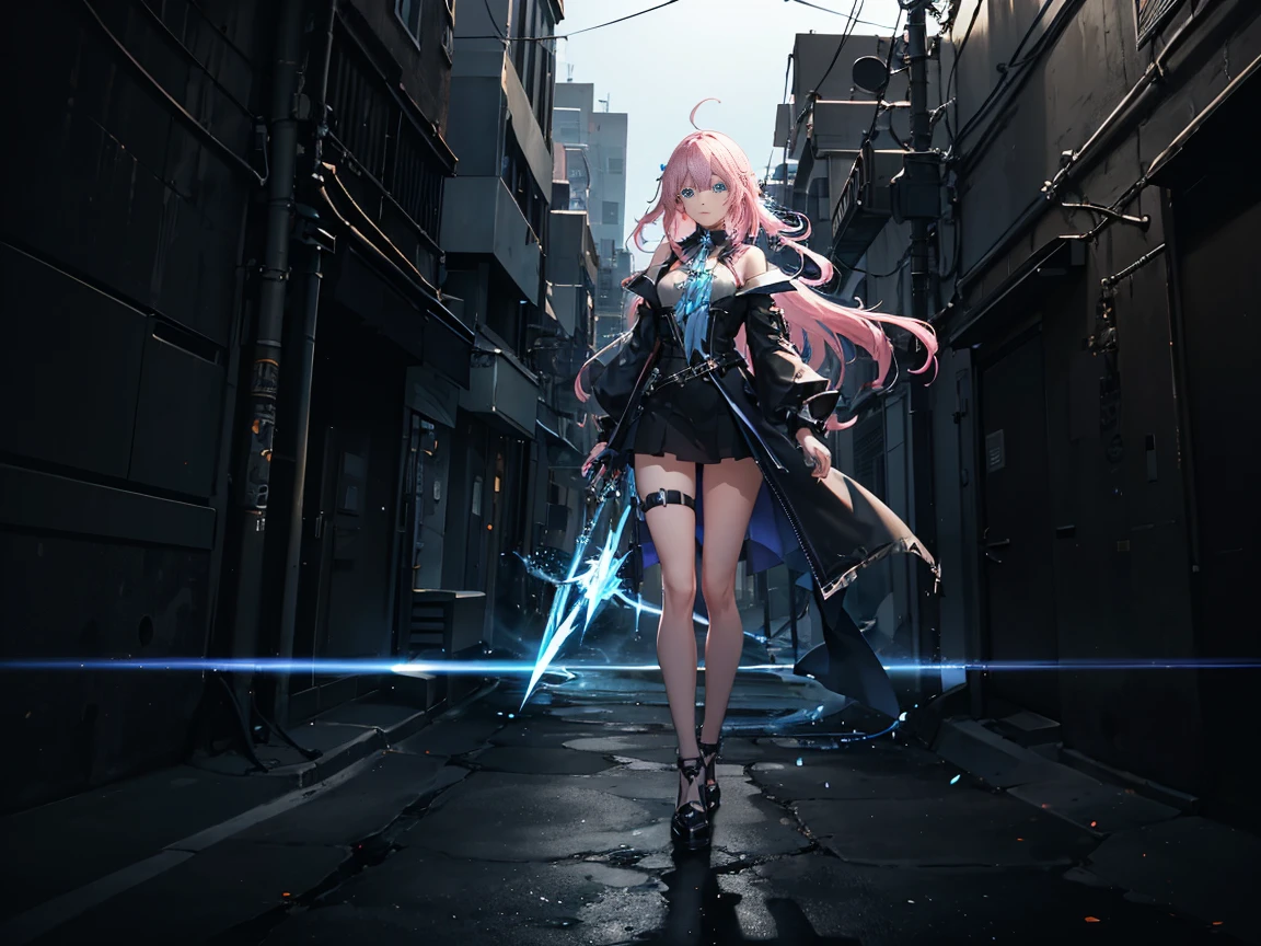 （Digital artwork：1.3,（（Octane rendering）），City Street，High-rise tail alley，（Girl magician，tight black outfit, black jacket.），（（ blonde flowy hair）），（（A huge glowing magic array under your feet）），（（Complex luminous runes）），Realistic digital painting portrait，shot at 8k resolution，Gasoline liquid，color pastel，splashart，Magical universe of pink and blue and purple，Lithography in intricate details，（lightning particules：1.2），（game concept：1.3），（deep of field:1.3),Global illumination,with rich details,Trends on ArtStation，（（illustrious）），ultra fine，16K resolution, light blue eyes , (Weapon: Lightning Energy in a ball in right hand) 