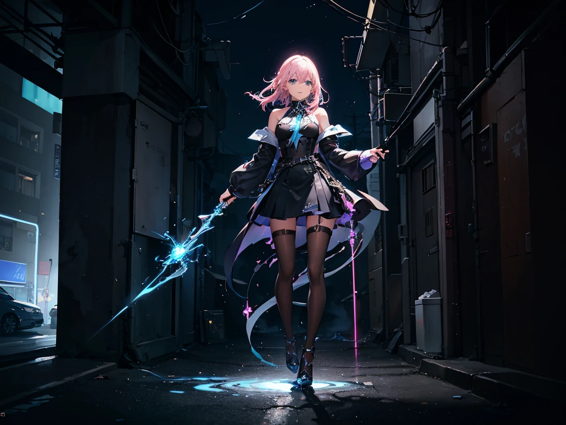 (Digital artwork:1.3,((Octane rendering)),City Street,High-rise tail alley,(Girl magician,tight black outfit, black jacket.),(( blonde flowy hair)),((A huge glowing magic array under your feet)),((Complex luminous runes)),Realistic digital painting portrait,shot at 8k resolution,Gasoline liquid,color pastel,splashart,Magical universe of pink and blue and purple,Lithography in intricate details,(lightning particules:1.2),(game concept:1.3),(deep of field:1.3),Global illumination,with rich details,Trends on ArtStation,((illustrious)),ultra fine,16K resolution, light blue eyes , (Weapon: Lightning Energy in a ball in right hand)
