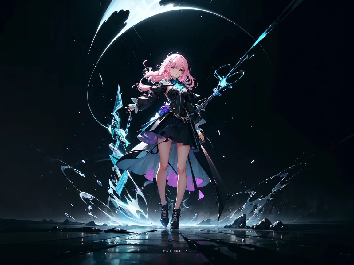 (Digital artwork:1.3,((Octane rendering)),City Street,High-rise tail alley,(Girl magician,tight black outfit, black jacket.),(( blonde flowy hair)),((A huge glowing magic array under your feet)),((Complex luminous runes)),Realistic digital painting portrait,shot at 8k resolution,Gasoline liquid,color pastel,splashart,Magical universe of pink and blue and purple,Lithography in intricate details,(lightning particules:1.2),(game concept:1.3),(deep of field:1.3),Global illumination,with rich details,Trends on ArtStation,((illustrious)),ultra fine,16K resolution, light blue eyes , (Weapon: Lightning Energy in a ball in right hand)