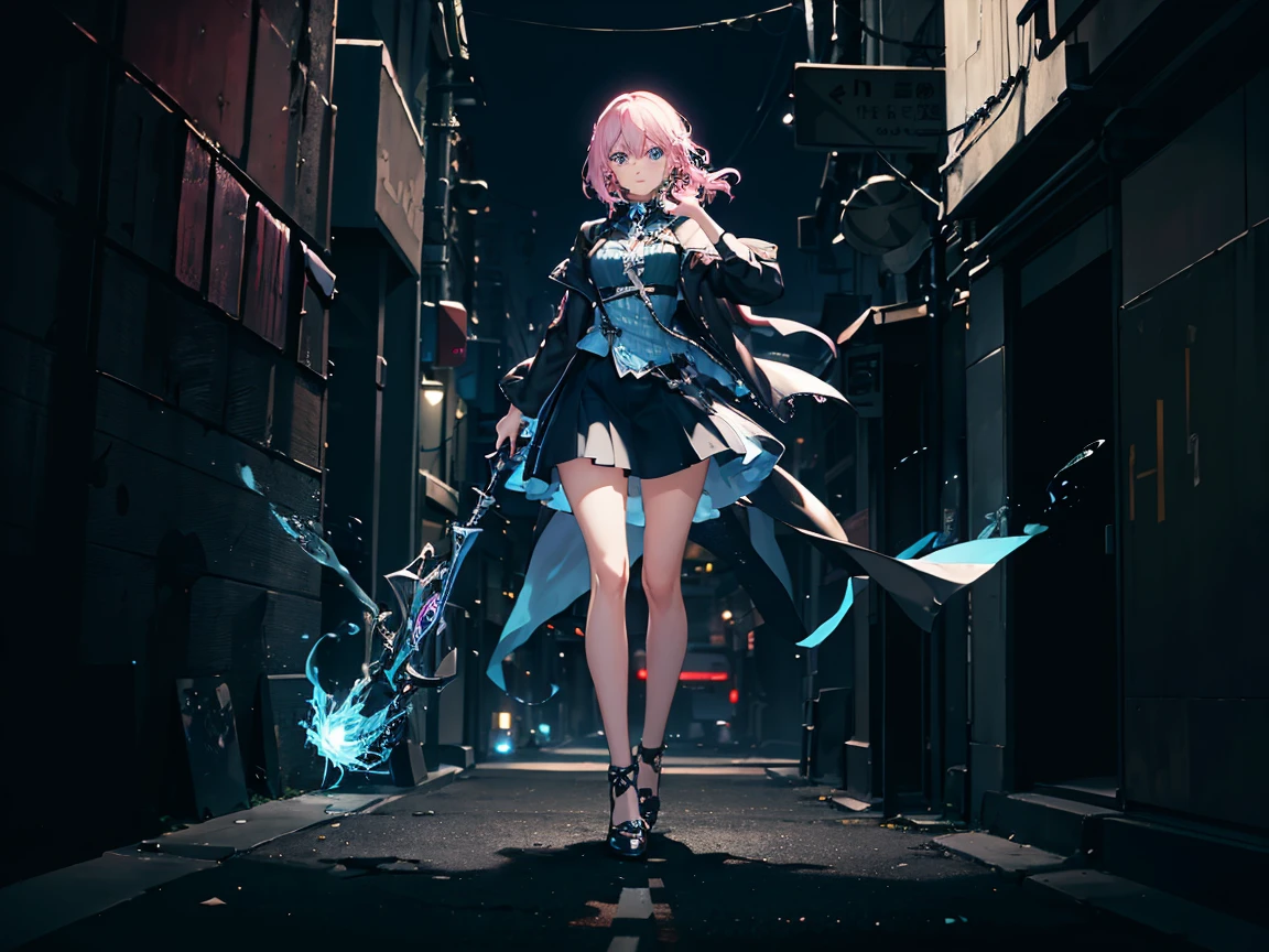 （Digital artwork：1.3），（a sketch：1.1）（（Octane rendering）），City Street，High-rise tail alley，（Girl magician，tight black outfit, black jacket.），（（ blonde flowy hair）），（（A huge glowing magic array under your feet）），（（Complex luminous runes）），Realistic digital painting portrait，shot at 8k resolution，Gasoline liquid，color pastel，splashart，Magical universe of pink and blue and purple，Lithography in intricate details，（lightning particules：1.2），（game concept：1.3），（deep of field:1.3),Global illumination,with rich details,Trends on ArtStation，（（illustrious）），ultra fine，16K resolution, light blue eyes.
