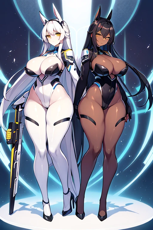 2girls, dark skin, light skin, dark-skinned female, light-skinned female, white hair, black hair, long hair, yellow eyes, large breasts, breasts, wide hips, smug, smirk, smile, bodysuit, black bodysuit, pantyhose, black pantyhose, high heels, futuristic, tech, science-fiction, neon trim, white neon trim, white trim, full body, ((full body))