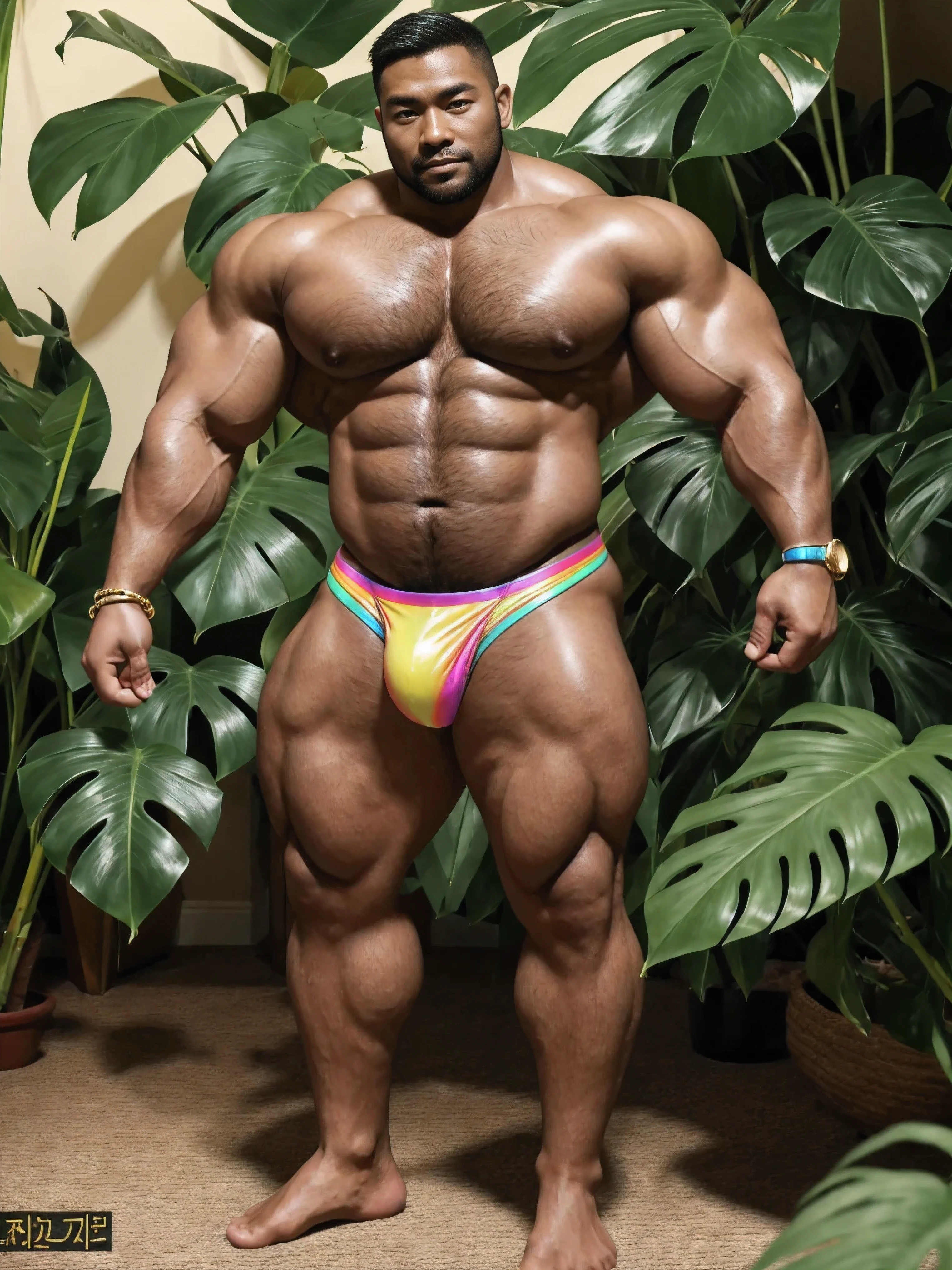 There is only one handsome Chinese man in the photo,35 years old,tall, Fitness,Smooth body,Smooth skin,No chest hair,short hair, O-Shaped Beard,Perfect body, Dark skin color,Radiant Skin,Smooth skin,Shiny, shiny skin,Smooth pectoral muscles,Muscle bulge, muscular, Very large pectoral muscles,Very sexy abdominal muscles,Very well-developed leg muscles,Huge concave and convex area,Brightens oily skin,Wear a fluorescent rainbow leather thong,Handsome face,Normal human toes,Correct and accurate male body proportions,Gold bracelet,Gold anklets,Standing in front of the Monstera forest。
There is only one handsome Chinese man in the photo,35 years old,tall, Fitness,Smooth body,Smooth skin,No chest hair,short hair, O-Shaped Beard,Perfect body, Dark skin color,Radiant Skin,Smooth skin,Shiny, shiny skin,Smooth pectoral muscles,Muscle bulge, muscular, Very large pectoral muscles,Very sexy abdominal muscles,Very well-developed leg muscles,Huge concave and convex area,Brightens oily skin,Wear a fluorescent rainbow leather thong,Handsome face,Normal human toes,Correct and accurate male body proportions,Gold bracelet,Gold anklets,Standing in front of the Monstera forest。