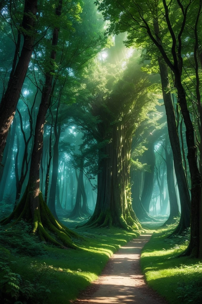 Generate an image of a magical forest typical of fairy tales. The forest should be lush and green, with tall, ancient trees. Add magical elements like glowing lights, flying fairies and luminous mushrooms. The atmosphere should be enchanting and mysterious, evoking a sense of wonder and fantasy.