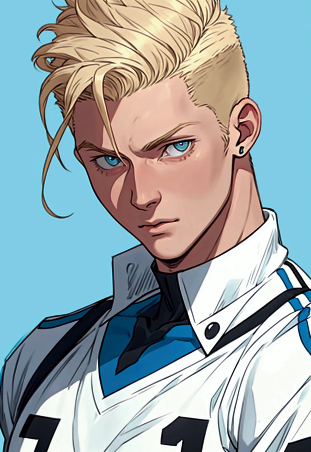 Toni Kross in a white anime-style uniform playing football, short blonde quiff, blue colored eyes, Standard scenario , steady look , (( image without deformities )) , best resolution , best qualityer , masterpiece,