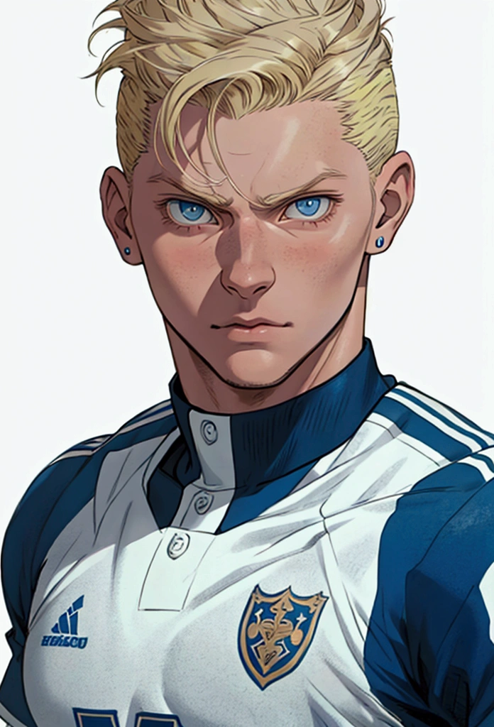 Toni Kross in a white anime-style uniform playing football, short blonde quiff, blue colored eyes, Standard scenario , steady look , (( image without deformities )) , best resolution , best qualityer , masterpiece,
