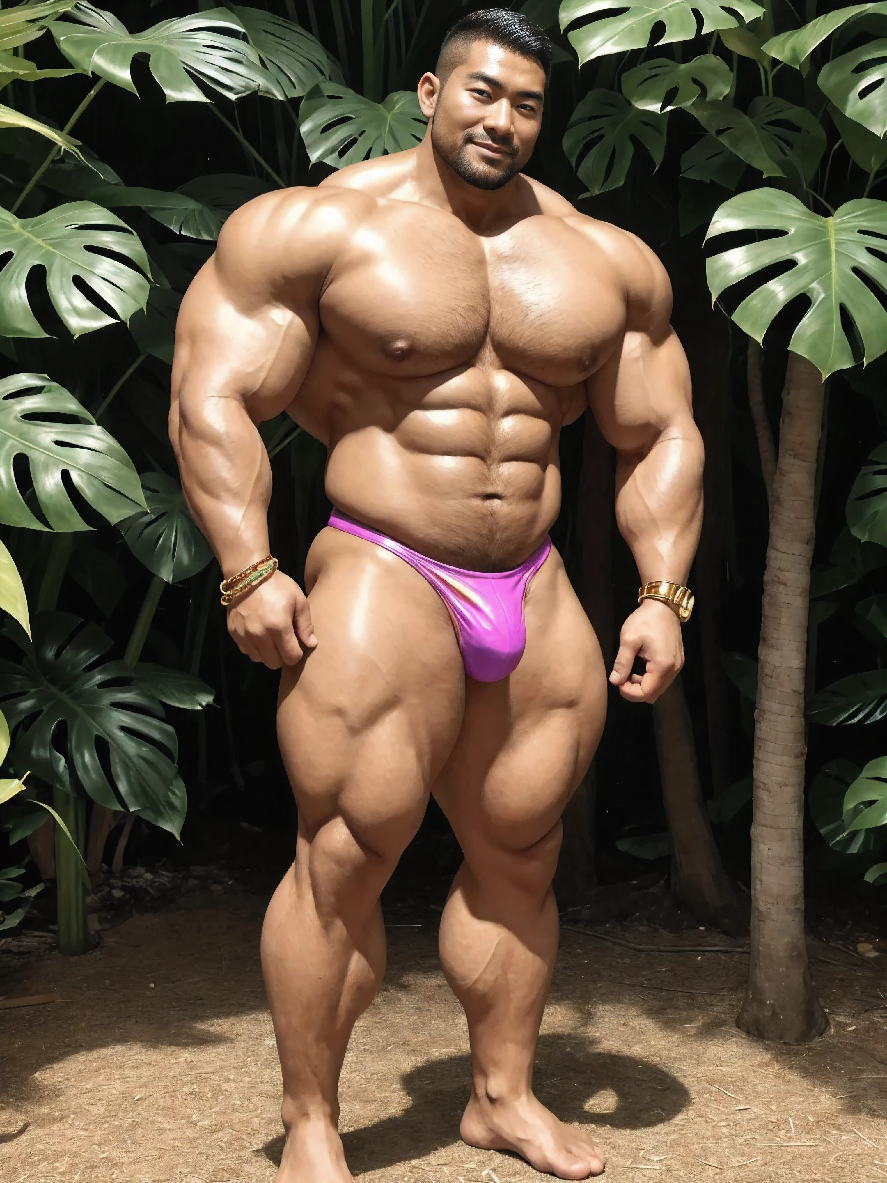 There is only one handsome Chinese man in the photo,35 years old,tall, Fitness,Smooth body,Smooth skin,No chest hair,short hair, O-Shaped Beard,Perfect body, Dark skin color,Radiant Skin,Smooth skin,Shiny, shiny skin,Smooth pectoral muscles,Muscle bulge, muscular, Very large pectoral muscles,Very sexy abdominal muscles,Very well-developed leg muscles,Huge concave and convex area,Brightens oily skin,Wear a fluorescent rainbow leather thong,Handsome face,Normal human toes,Correct and accurate male body proportions,Gold bracelet,Gold anklets,Standing in front of the Monstera forest。
