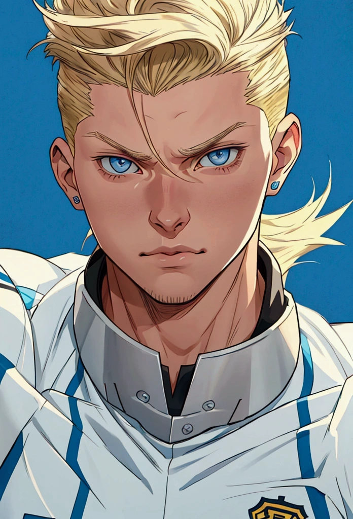 Toni Kross in a white anime-style uniform playing football, short blonde quiff, blue colored eyes, Standard scenario , steady look , (( image without deformities )) , best resolution , best qualityer , masterpiece,
