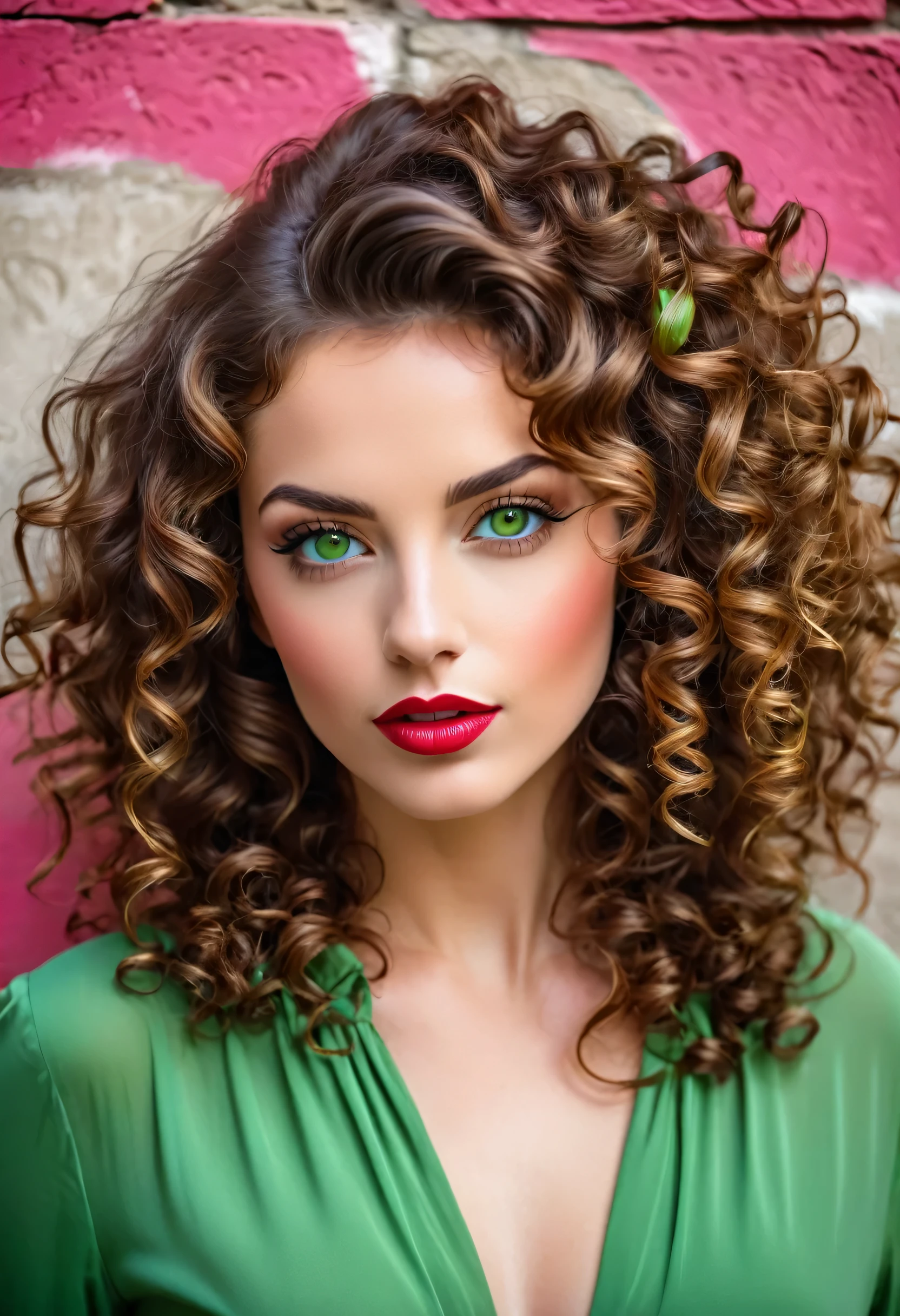 A beautiful woman with curly brown hair and green eyes, elegant pink dress, with a gold choker and red lips. The image has a touch of muralism, with an urban wall in the background adorned with colorful and expressive graffiti. The lighting is soft and warm, creating a welcoming and vibrant atmosphere.