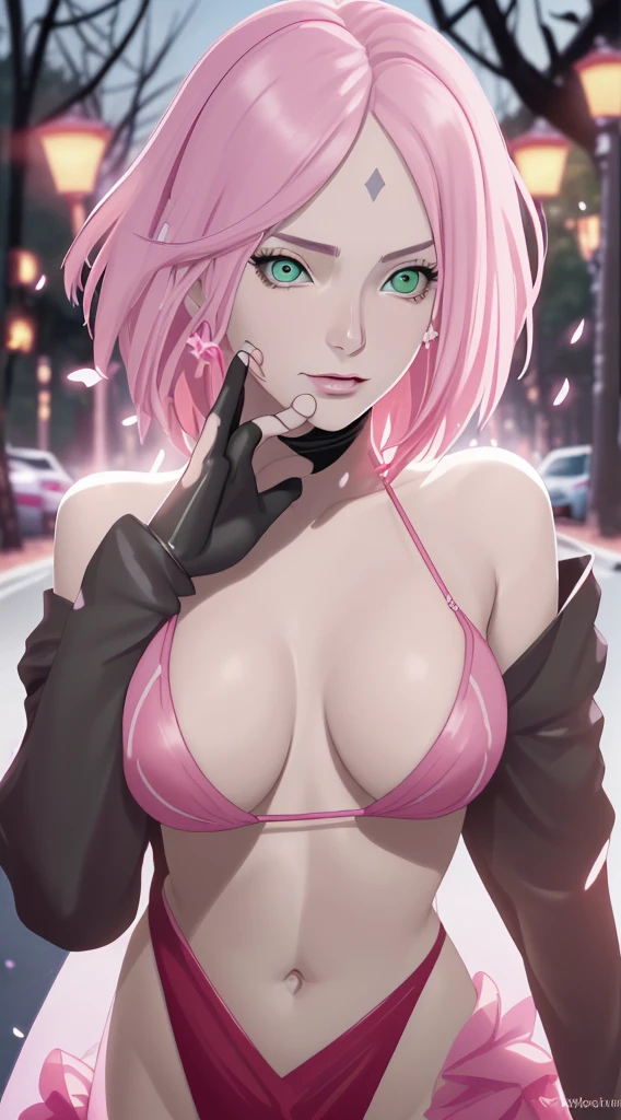 tmasterpiece, Johnny Depp walks through the city at night among fireflies,Cherry blossom forest, (high detal:1 1), Rough face, Natural skin, high qulity, NSFW, Naruto Sakura,A pink-haired,short detailed hair,Green eyes,(Large :1.2),(Off-the-shoulder attire:1.5),Leaking out of the shoulder,(Bikini:1.5),(ssm.2),Be red in the face,(cleavage:1.4igure,perfeodies,Pink clothes,beautidful eyes, (Detailed face and eyes), (the face: 1 2), noises,extra, real photograph, .................PSD, Lamp film photography, sharp focus, contrasty lighting, Delicate skin, High resolution 8K, insanely details, realisticlying, professional photoshooting, 8K UHD, SLR camera, softlighting, high high quality, filmgrain, Fujifilm XT3,magic,particle fx, visible clit , visible boobs