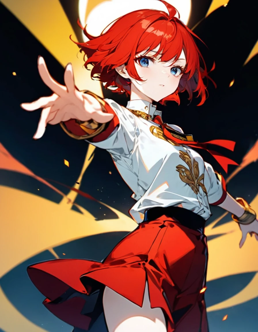 Anime girl with short red hair reaching the nape of the neck and a white shirt and red skirt., Fierce blue eyes, There is a black card in the protagonist&#39;s right hand.