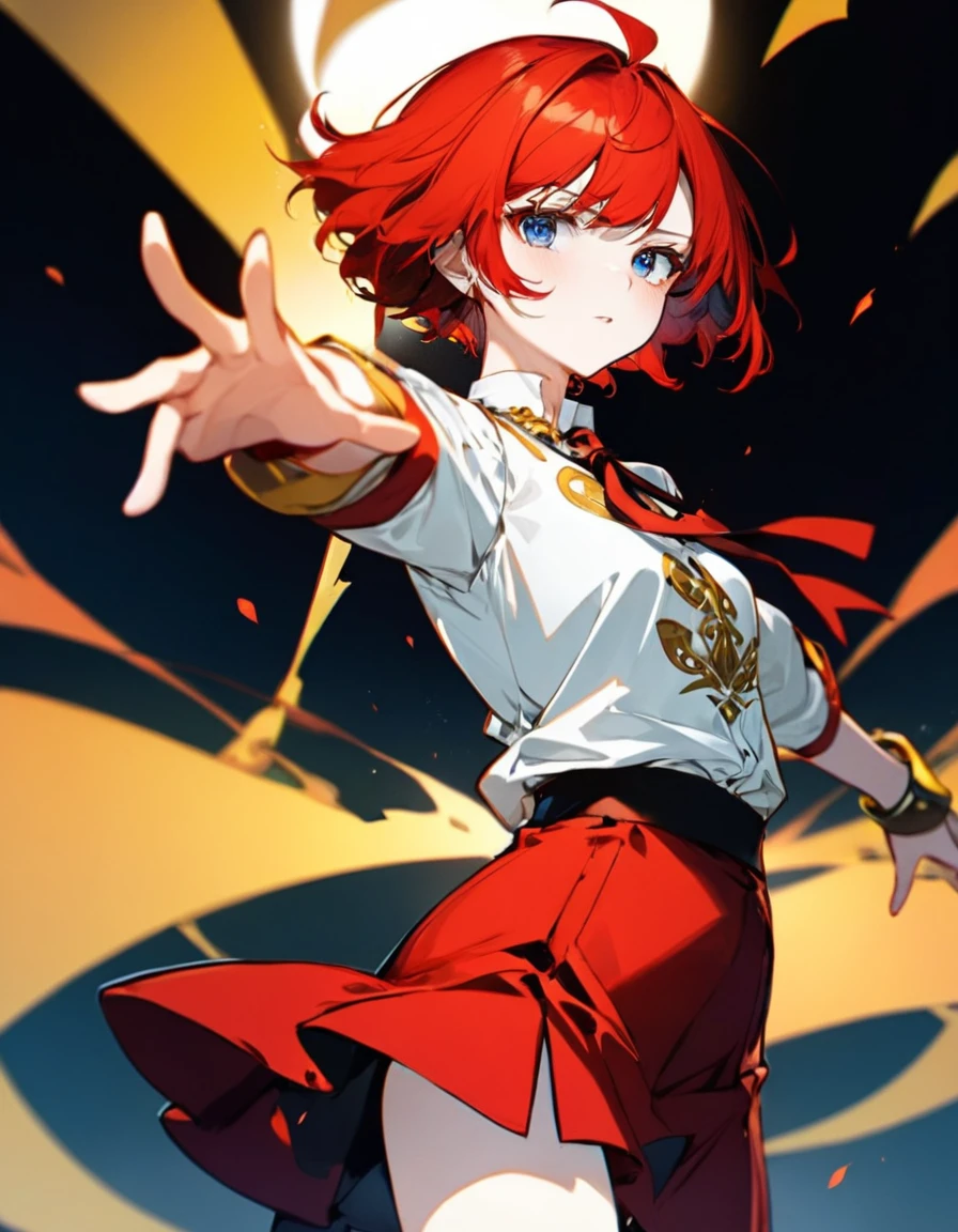 Anime girl with short red hair reaching the nape of the neck and a white shirt and red skirt., Fierce blue eyes, There is a black card in the protagonist's right hand.