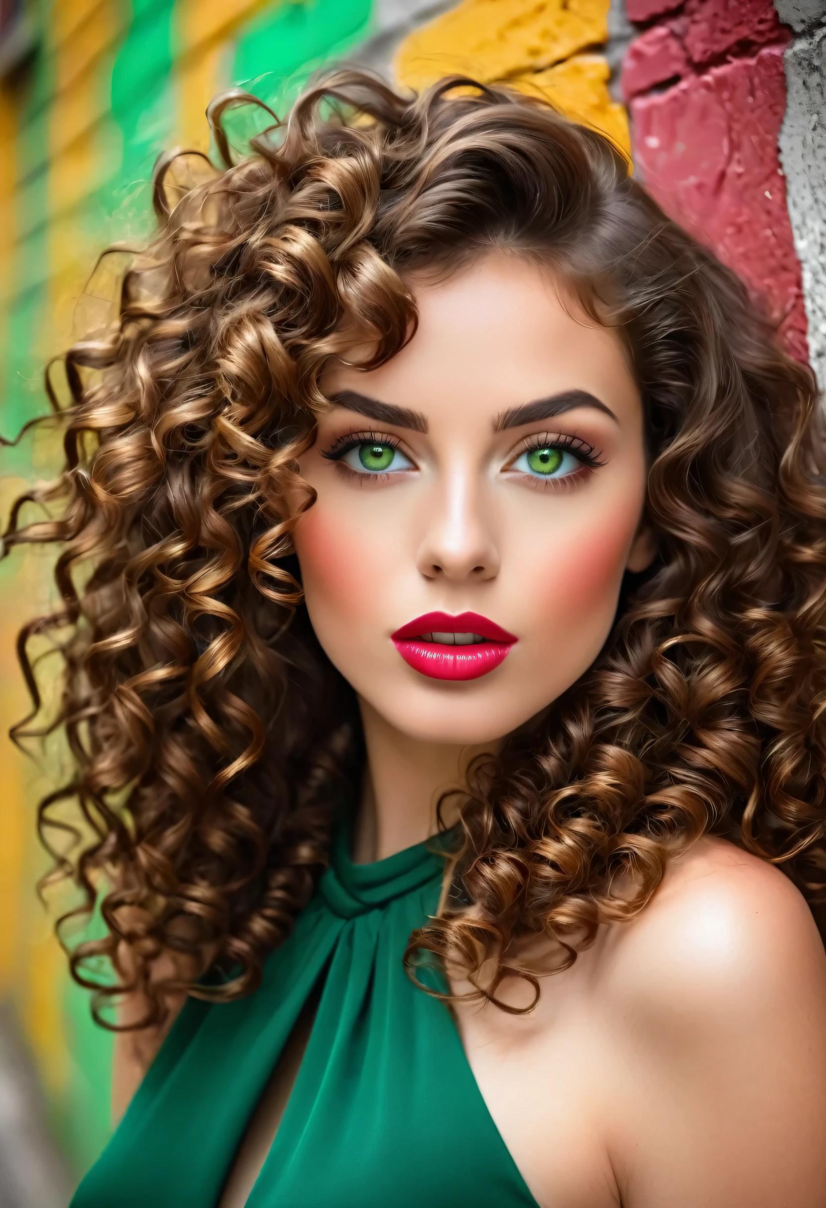 A beautiful woman with curly brown hair and green eyes, elegant pink dress, with a gold choker and red lips. The image has a touch of muralism, with an urban wall in the background adorned with colorful and expressive graffiti. The lighting is soft and warm, creating a welcoming and vibrant atmosphere.