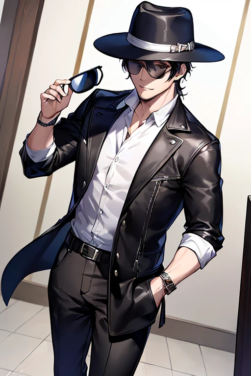 (masterpiece、Highest quality、Super detailed、High resolution illustrations、Ultra-high definition CG、8k size wallpaper、Official Art、Production Art),Man in his 30s,Black Hair,sunglasses,Fedora,Straight face,Brown leather jacket,White shirt,Hold the hat with your right hand,Looking at the Viewer,whole body,White background