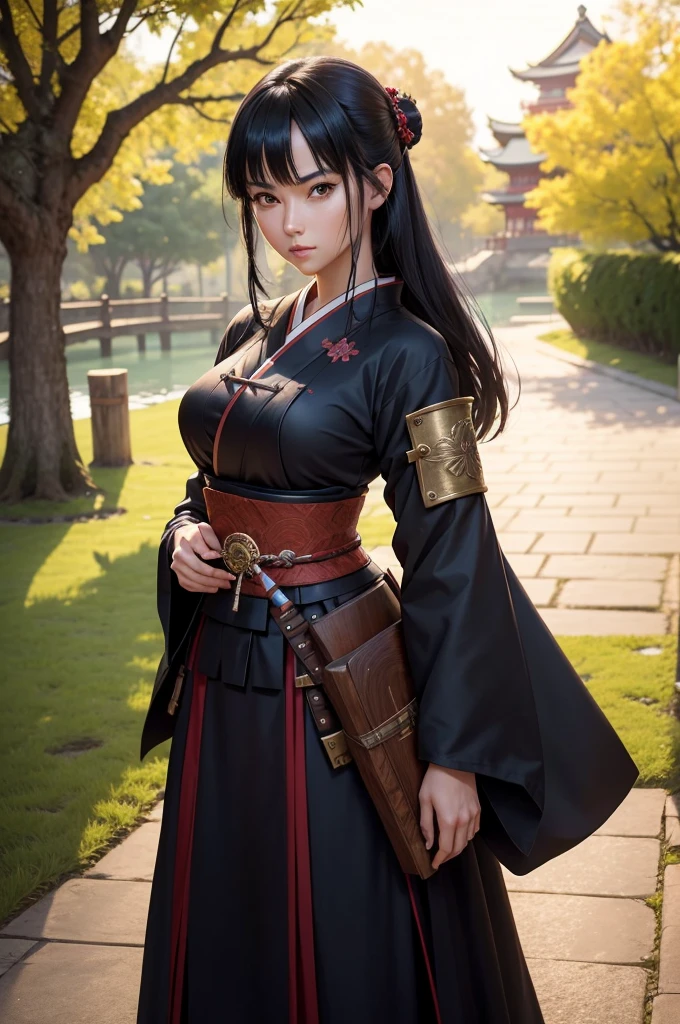 Fantasy RPG character, 26-year-old woman, samurai, sword, Japanese clothing,black hair, ((anime)), ((best qualtiy, 8K, tmasterpiece:1.3)), Focus:1.2, perfect figure beautiful woman:1.4, 1woman, cowboy shot, look at viewer, eyes facing the camera, incredibly absurd, beautiful and cute woman, showcasing top-quality craftsmanship, cute, neat