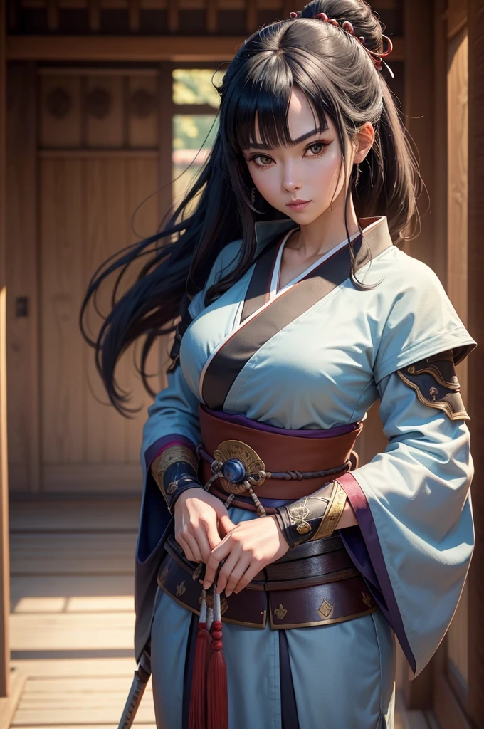 Fantasy RPG character, 26-year-old woman, samurai, sword, Japanese clothing,black hair, ((anime)), ((best qualtiy, 8K, tmasterpiece:1.3)), Focus:1.2, perfect figure beautiful woman:1.4, 1woman, cowboy shot, look at viewer, eyes facing the camera, incredibly absurd, beautiful and cute woman, showcasing top-quality craftsmanship, cute, neat