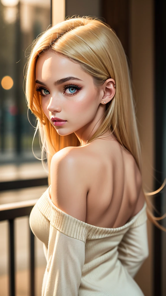 (best quality, 4k, highres, highres face details), Irish girl rs old, 1girl, solo, strawberry blonde hair, back length hair, parted bangs, grey eyes, constricted pupils, slim build, (textured skin, skin pores:1.1), large breasts, bug nipples, pale skin, colorful makeup, perfect nose, thin lips, fake lashes, pretty face, cute face, wearing an off the shoulder yellow sweater, cinematic lighting, Ultra-Wide Angle, Canon, Hyperrealism, UHD, masterpiece, textured skin, realistic water texture, high details, best quality, detailed eyes, detailed iris, whole body photo, posing for the camera
