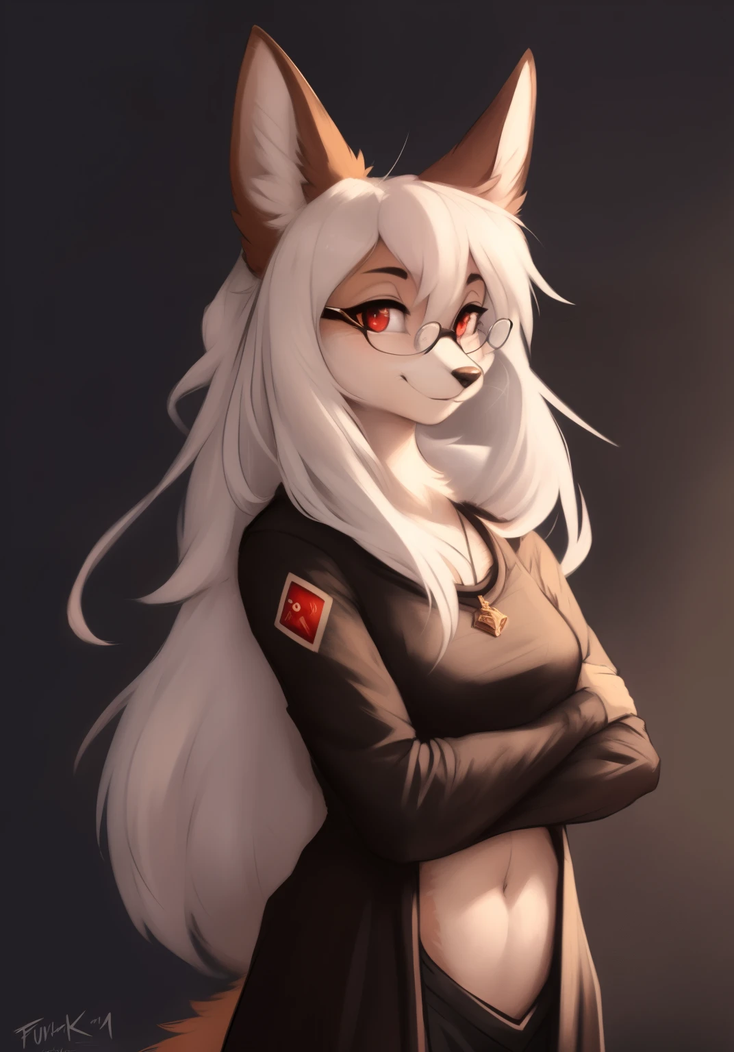 by Zackary911, by Kenket, by Kilinah, by fluff-kevlar, anthro, mommy female fennec fox, solo, long white hair, full body, one big tail, dark background. dark priest with balck and red cloack open belly, round glasses, full body concept, realism, reference, red eyes