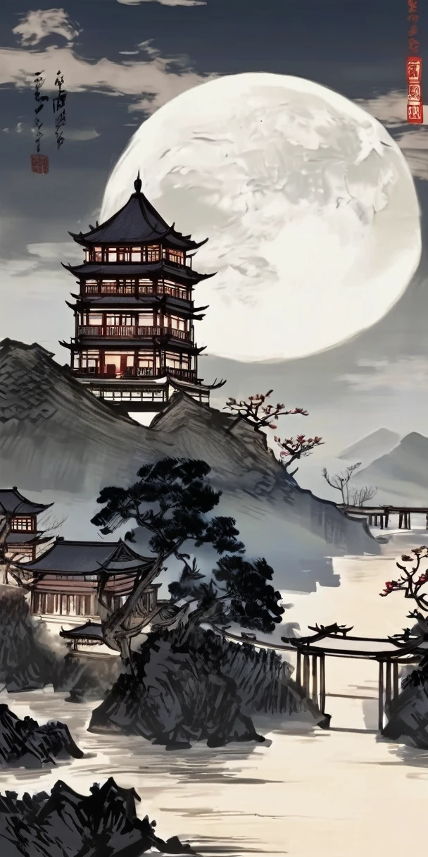 masterpiece,best quality,chinese style,outdoors,sky,cloud,water,tree,no_humans,night,moon,fire,building,night_sky,scenery,vacation,full_moon,stairs,mountain,architecture,bridge,east_asian_architecture,cinematic lighting,strong contrast,high level of detail,Best quality,masterpiece, , QIEMANCN,