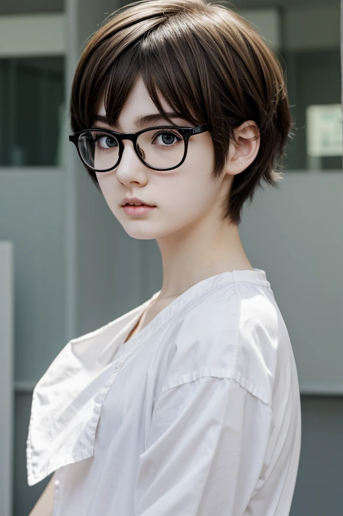 Anime girl with short messy hair, He wears glasses and has pale skin..