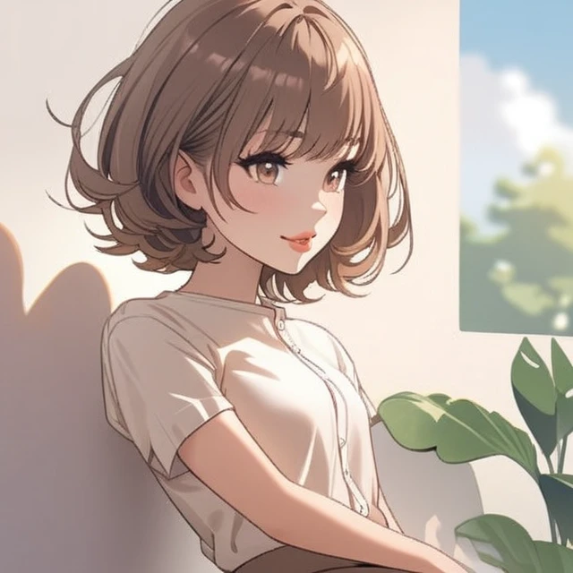 1 girl, Brown hair, medium hair, Light brown eyes, Medium eyelashes, Thick lips, Thin, small breasts, smiling sweetly, wearing a white button-down shirt Short sleeve, and a long light brown skirt. 