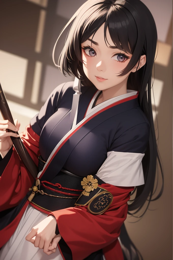 Fantasy RPG character, 26-year-old woman, samurai, sword, Japanese clothing,black hair, ((anime)), ((best qualtiy, 8K, tmasterpiece:1.3)), Focus:1.2, perfect figure beautiful woman:1.4, 1woman, cowboy shot, look at viewer, eyes facing the camera, incredibly absurd, beautiful and cute woman, showcasing top-quality craftsmanship, cute, neat