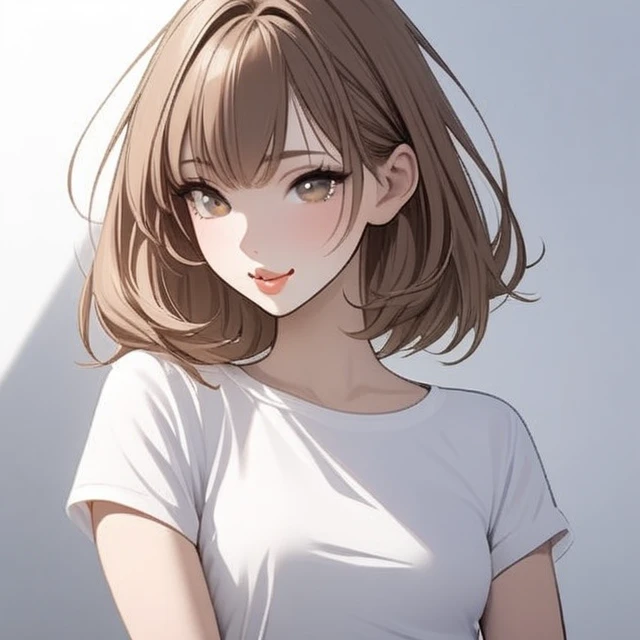 1 girl, Brown hair, medium hair, Light brown eyes, Medium eyelashes, Thick lips, Thin, small breasts, smiling sweetly, wearing a white button-down shirt Short sleeve, and a long light brown skirt. 