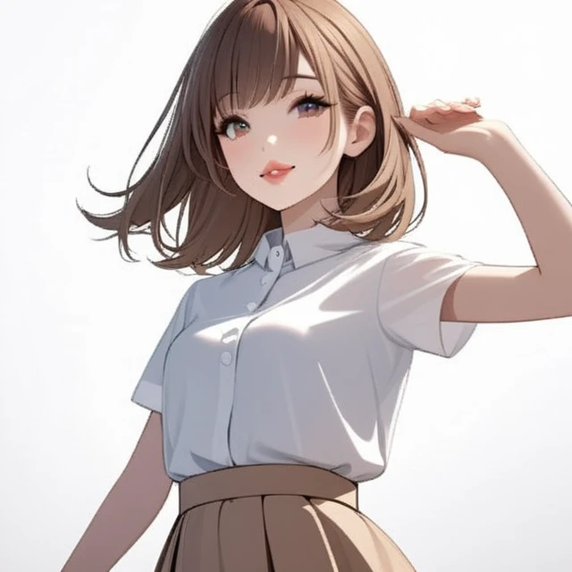 1 girl, Brown hair, medium hair, Light brown eyes, Medium eyelashes, Thick lips, Thin, small breasts, smiling sweetly, wearing a white button-down shirt Short sleeve, and a long light brown skirt. 