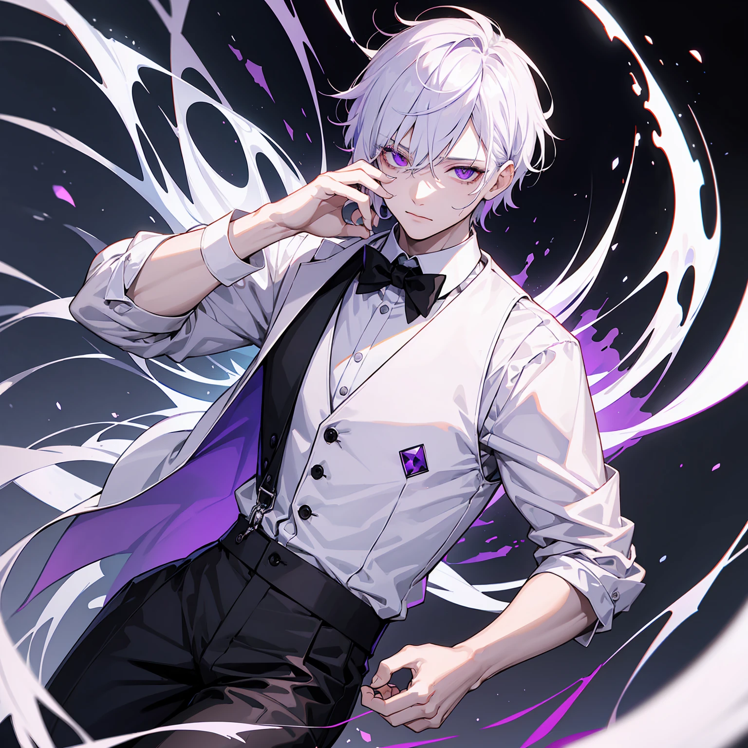 Albino man, high, with violet eyes, Wearing black pants, white shirt and black dress vest. charismatic. attractive.