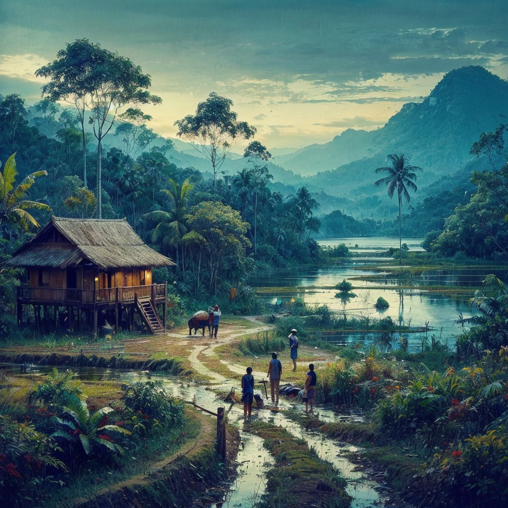 Oil paint splattered era 1960, a view, dirt road junction, There is an open house without a room where 2 people are chatting in the house, there are rice fields & lake, samping kanan kiri forest rapat borneo, there is a mountain background, forest, coconut tree, and trees, there is bush grass, ferns plant,very dark night,naturalism,Realism,very dull canvas,basuki abdullah style,Oil paint splashes are intuitive