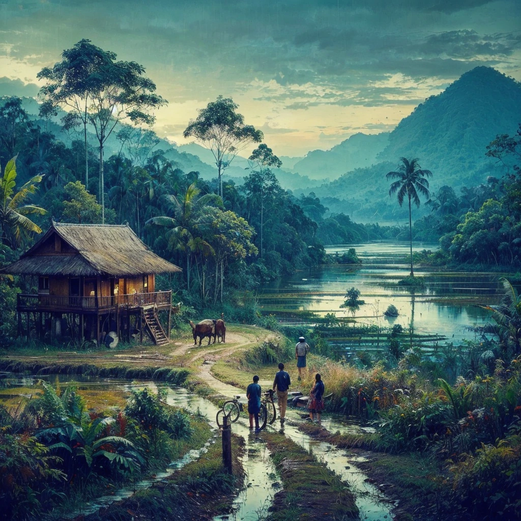 Oil paint splattered era 1960, a view, dirt road junction, There is an open house without a room where 2 people are chatting in the house, there are rice fields & lake, samping kanan kiri forest rapat borneo, there is a mountain background, forest, coconut tree, and trees, there is bush grass, ferns plant,very dark night,naturalism,Realism,very dull canvas,basuki abdullah style,Oil paint splashes are intuitive