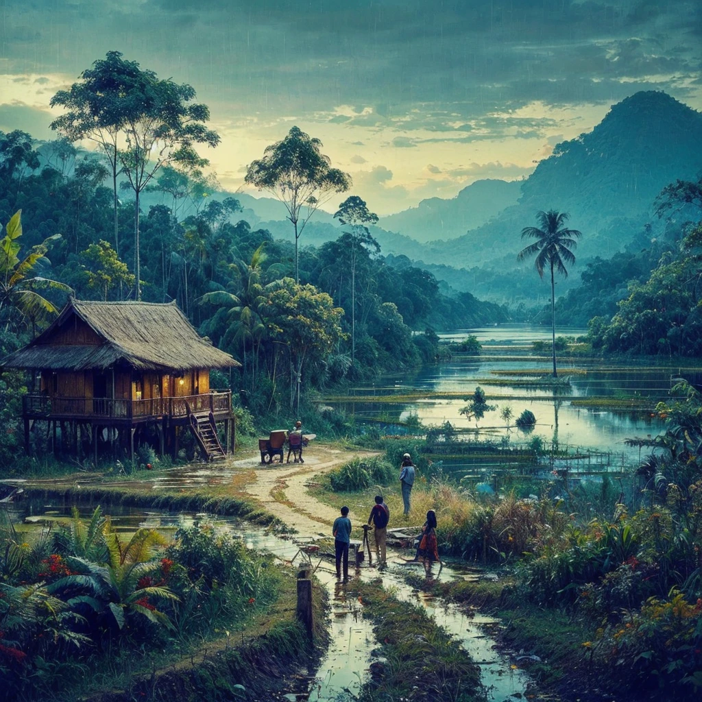 Oil paint splattered era 1960, a view, dirt road junction, There is an open house without a room where 2 people are chatting in the house, there are rice fields & lake, samping kanan kiri forest rapat borneo, there is a mountain background, forest, coconut tree, and trees, there is bush grass, ferns plant,very dark night,naturalism,Realism,very dull canvas,basuki abdullah style,Oil paint splashes are intuitive
