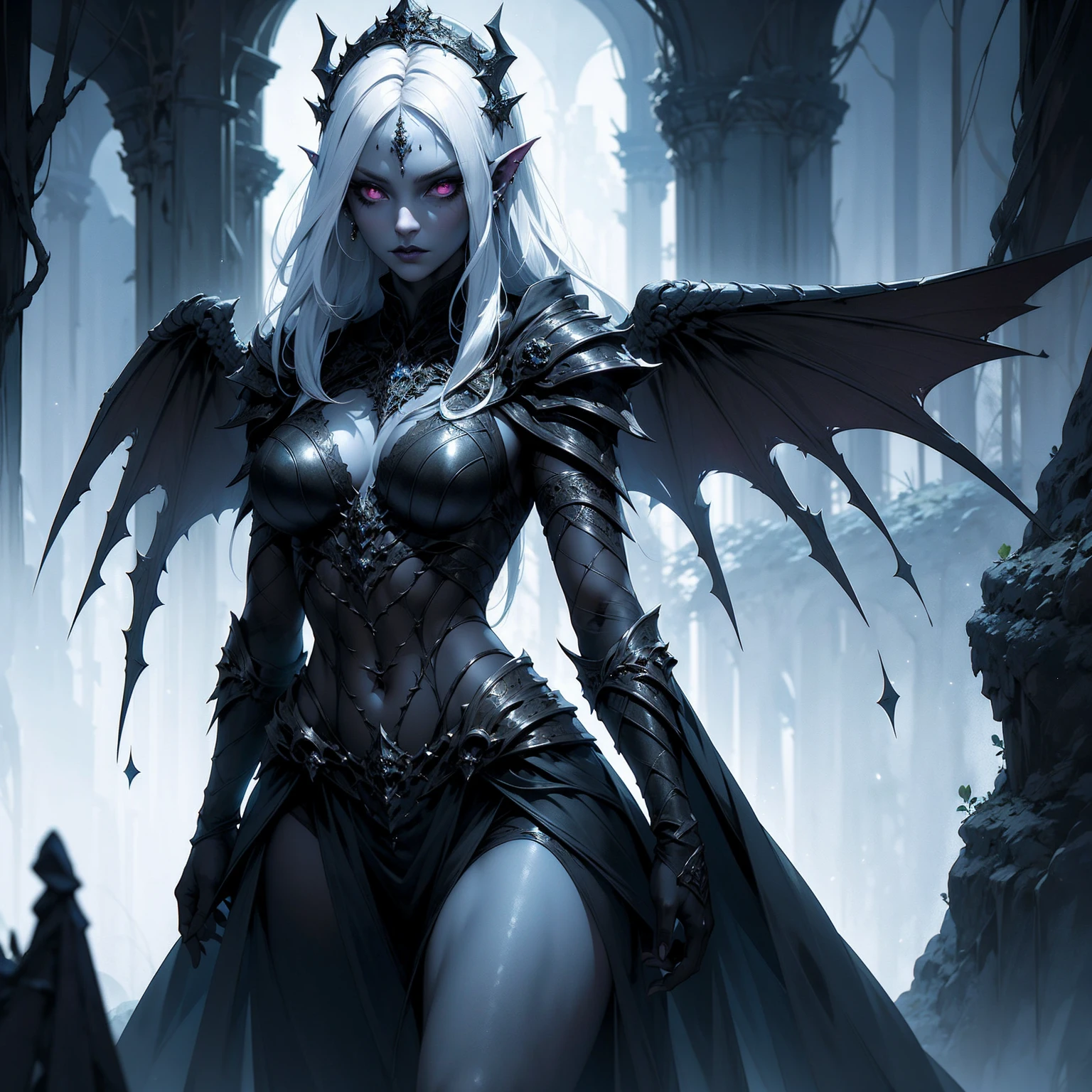 (((masterpiece, best quality, 16k)))((full body shot)) of a girl in detailed black gothic battle armor, standing in a completely dark environment. She has long white hair and glowing red eyes, with black angel wings, tattoos, and piercings. Her battle armor is intricately designed, revealing her bellybutton. She is holding a glowing orb of energy in her hands, which emits a soft, ethereal light. Surrounding her are numerous small lights in shades of {blue|purple}, casting a faint glow similar to candlelight. The only illumination comes from the orb and the particles around her. The atmosphere is {mysterious|otherworldly}, with a misty haze drifting around her feet. The ground beneath her is reflective, creating a mirrored effect that adds to the surreal ambiance. Subtle textures of ancient, worn stones and creeping vines can be seen in the background, hinting at a hidden, gothic castle. The scene is quiet and enigmatic, with her face partially obscured by the hood, her eyes focused intently on the luminous orb. She holds an intricately designed staff made of wood with metallic parts and embedded jewels. [Best quality], [Masterpiece], [Ultra-detailed], [4k], {serene|intense} atmosphere, gothic castle, {dynamic pose|relaxed pose}, complete darkness, {soft shadows|dramatic lighting}, {reflected light on the ground:0.7}, {misty haze:0.6}, {glowing plants:0.5}, {creeping vines:0.4}, {ancient stones:0.3}.