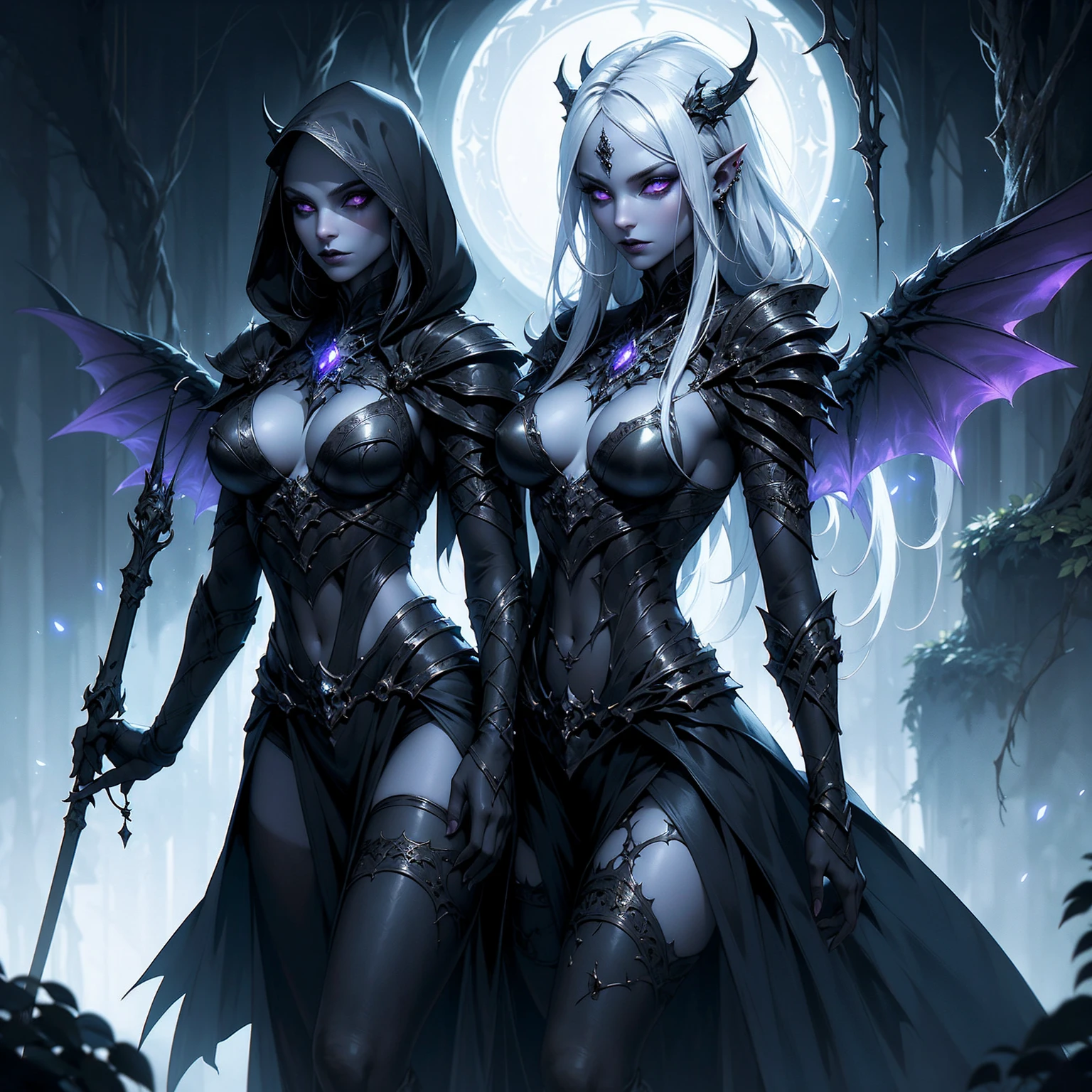 (((masterpiece, best quality, 16k)))((full body shot)) of a girl in detailed black gothic battle armor, standing in a completely dark environment. She has long white hair and glowing red eyes, with black angel wings, tattoos, and piercings. Her battle armor is intricately designed, revealing her bellybutton. She is holding a glowing orb of energy in her hands, which emits a soft, ethereal light. Surrounding her are numerous small lights in shades of {blue|purple}, casting a faint glow similar to candlelight. The only illumination comes from the orb and the particles around her. The atmosphere is {mysterious|otherworldly}, with a misty haze drifting around her feet. The ground beneath her is reflective, creating a mirrored effect that adds to the surreal ambiance. Subtle textures of ancient, worn stones and creeping vines can be seen in the background, hinting at a hidden, gothic castle. The scene is quiet and enigmatic, with her face partially obscured by the hood, her eyes focused intently on the luminous orb. She holds an intricately designed staff made of wood with metallic parts and embedded jewels. [Best quality], [Masterpiece], [Ultra-detailed], [4k], {serene|intense} atmosphere, gothic castle, {dynamic pose|relaxed pose}, complete darkness, {soft shadows|dramatic lighting}, {reflected light on the ground:0.7}, {misty haze:0.6}, {glowing plants:0.5}, {creeping vines:0.4}, {ancient stones:0.3}.
