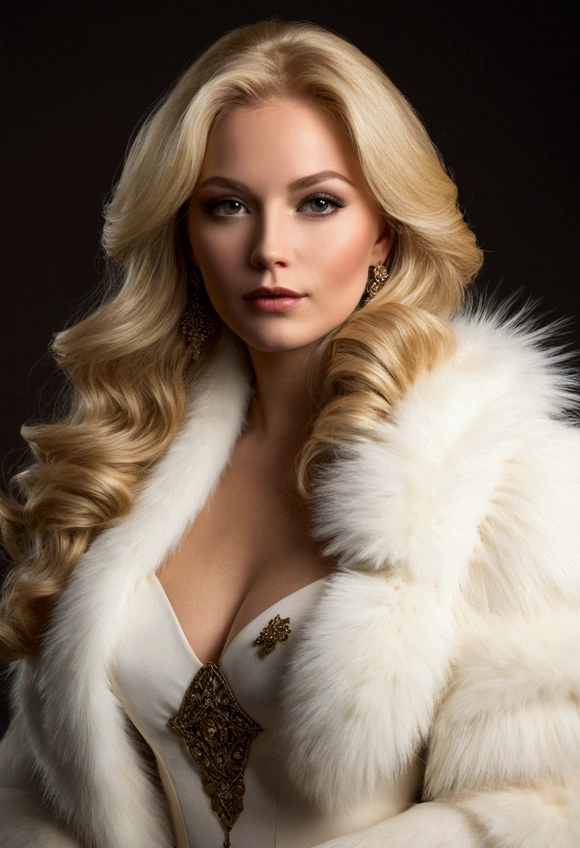 A beautiful woman similar to a queen bee, long blonde hair, warm color, a beautiful woman with curves but sexy, dressed in elegant clothes and a large white fur stole, long blonde hair y ondulado, like a queen bee, Elegant dress, intricate chiaroscuro palette