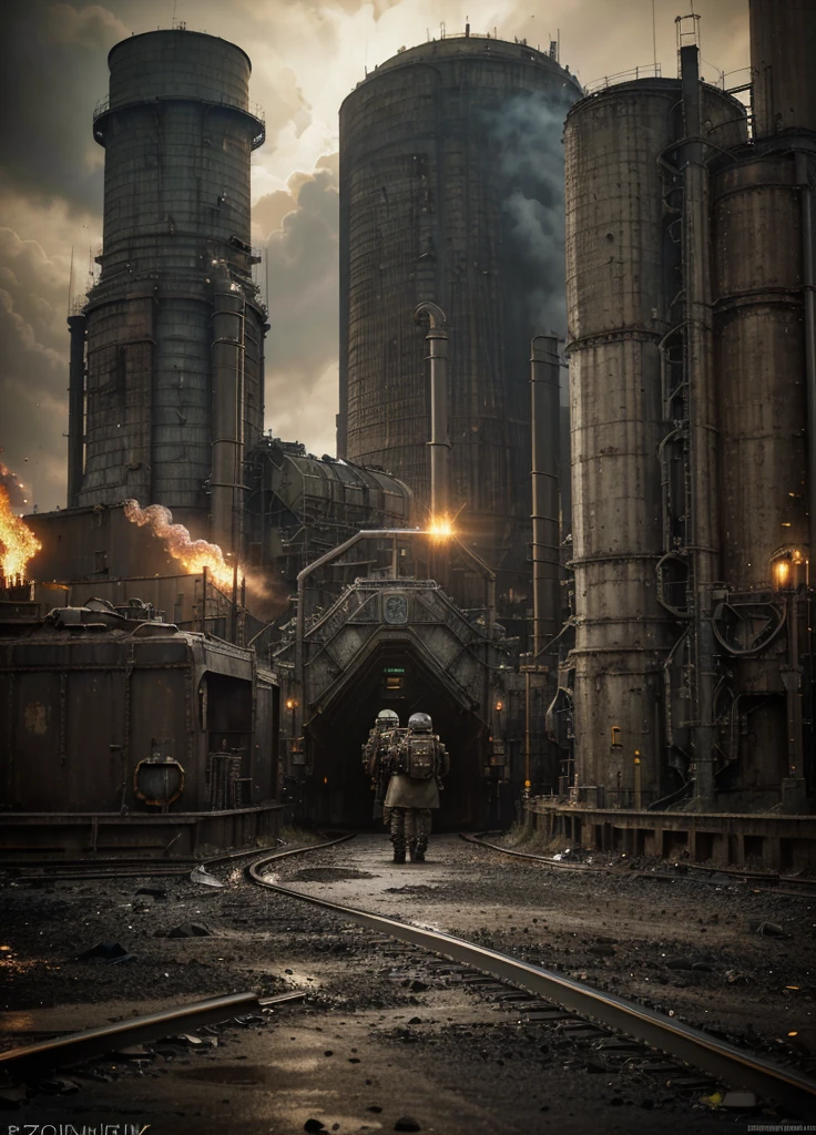 ((dark biopunk steampunk landscape)), a lot of ash,, cold lighting, abandoned biopunk, (Disdain for video game style), horror atmosphere, highly detailed biopunk art, Hans Giger apparatus, Wasteland Fund by Zdzislaw Beksinski, machines, industrial, nuclear power plant, reactor nuclear, Steel structure, in it, fog, pollution, fires, debris, Explosions, hightech, ((hyper realism, photo realism, Epic realism, 4k, 8k, high quality, masterpiece, perfection, perfect creation, artillery vehicles, war tanks, civilians with typical clothing from the Victorian era, bridges, rios, railway)).