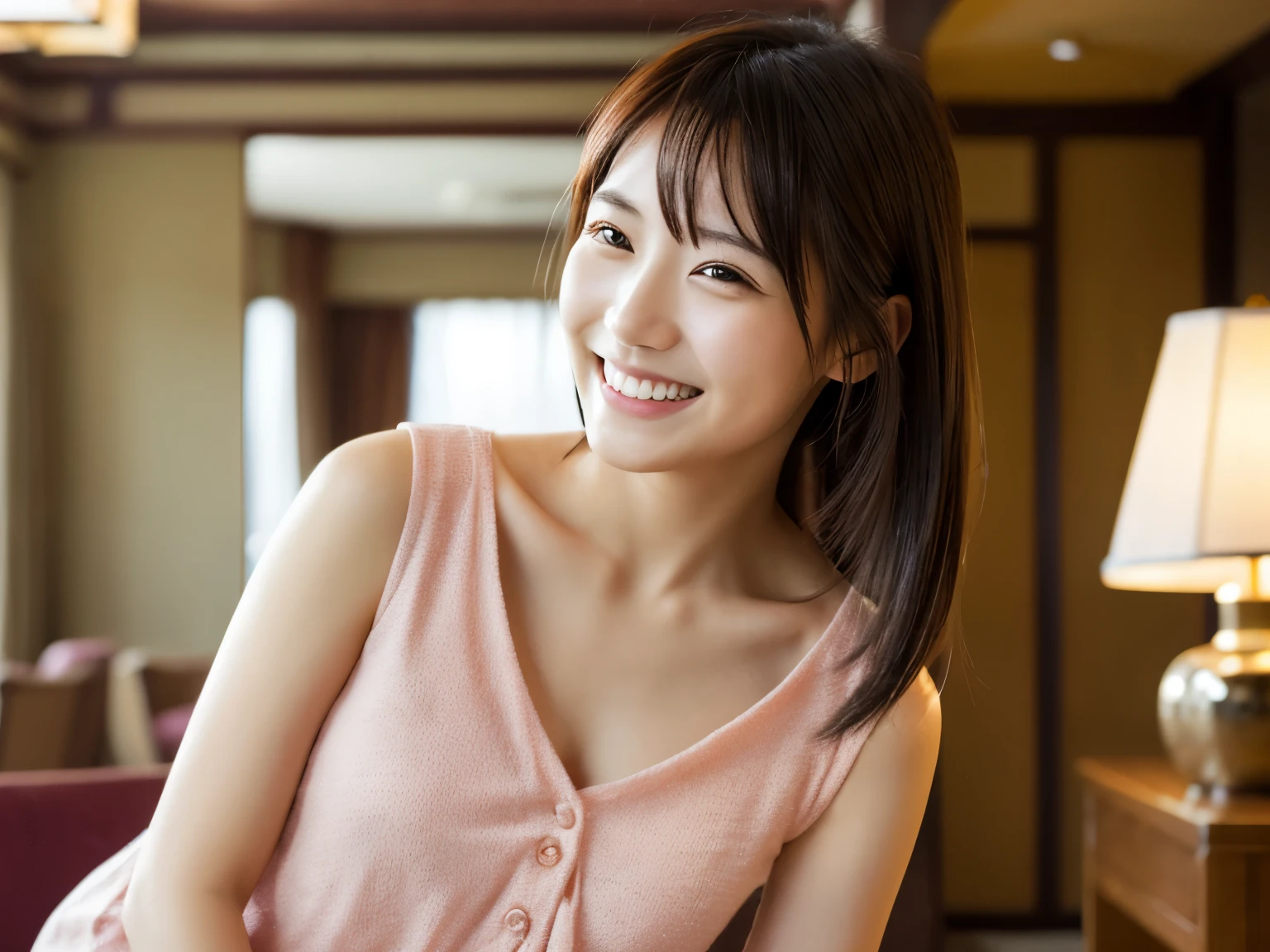 spouse,Hotel,Date,Japanese girl,indoor、smile,Intoxicating atmosphere,Laughter, 優しいsmile, Beautiful skins, Charm, Depth of written boundary, High resolution, High pixel count,Ecstatic expression,V-neck,Big ,Clothing with open chest,