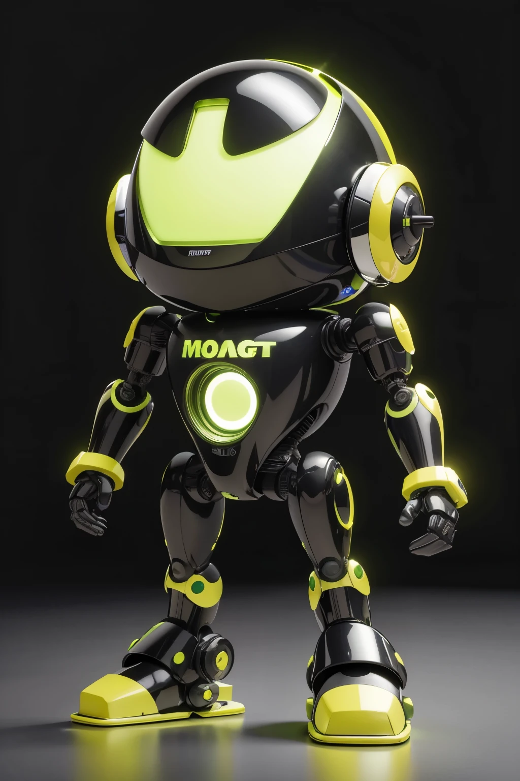 Robot, mascot, Pixar-style, ray shape, green and yellow, various share holdings
