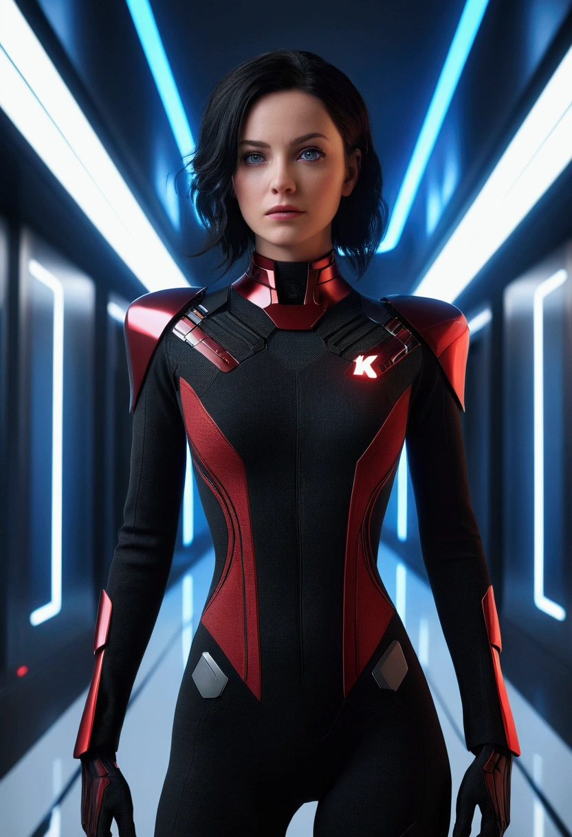 (Extremely detailed CG unity 8k wallpaper,masterpiece),(better lighting, best shadow, an extremely delicate and beautiful),(1 chico),blue eyes, dark hair,red and black sci-fi bodysuit,neck seal,high tech sci fi hallway, dynamic pose, detailed machinery, Elegant design.