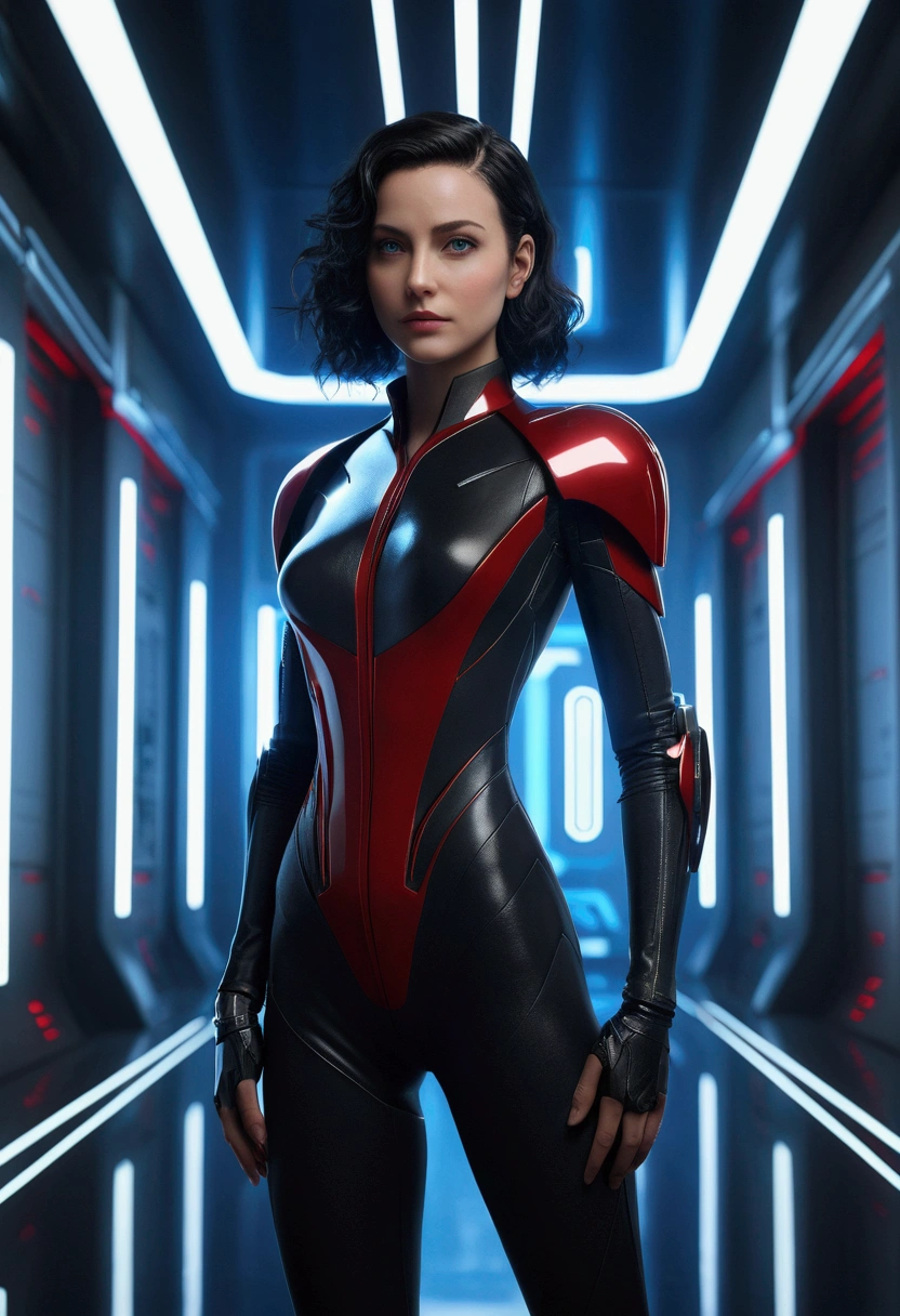 (Extremely detailed CG unity 8k wallpaper,masterpiece),(better lighting, best shadow, an extremely delicate and beautiful),(1 chico),blue eyes, dark hair,red and black sci-fi bodysuit,neck seal,high tech sci fi hallway, dynamic pose, detailed machinery, Elegant design.