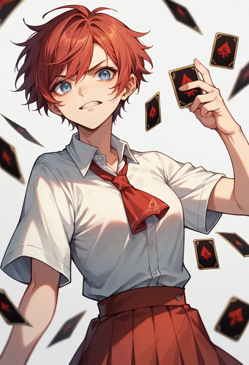 Anime girl with short red hair reaching the nape of the neck and a white shirt and red skirt., Fierce blue eyes, There is a black card in the protagonist's hand.